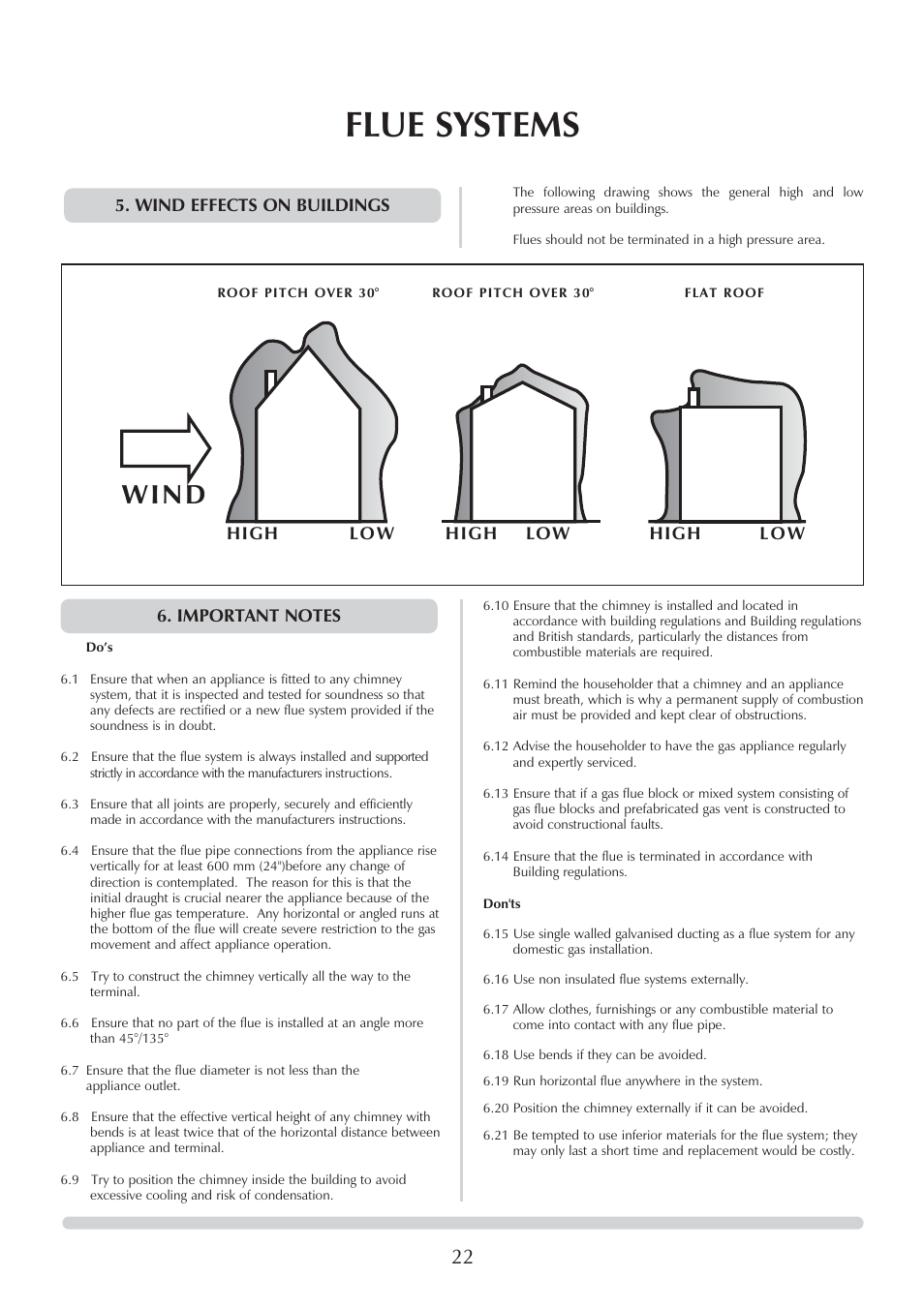 Flue systems, W i n d | Honeywell Central Heating Cooker Natural Gas User Manual | Page 22 / 44