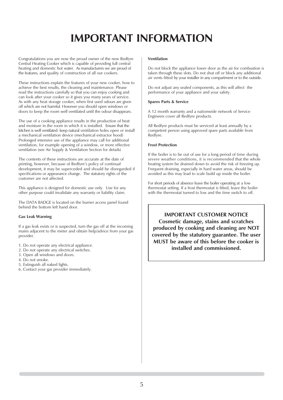 Important information | Honeywell Central Heating Cooker Natural Gas User Manual | Page 5 / 44