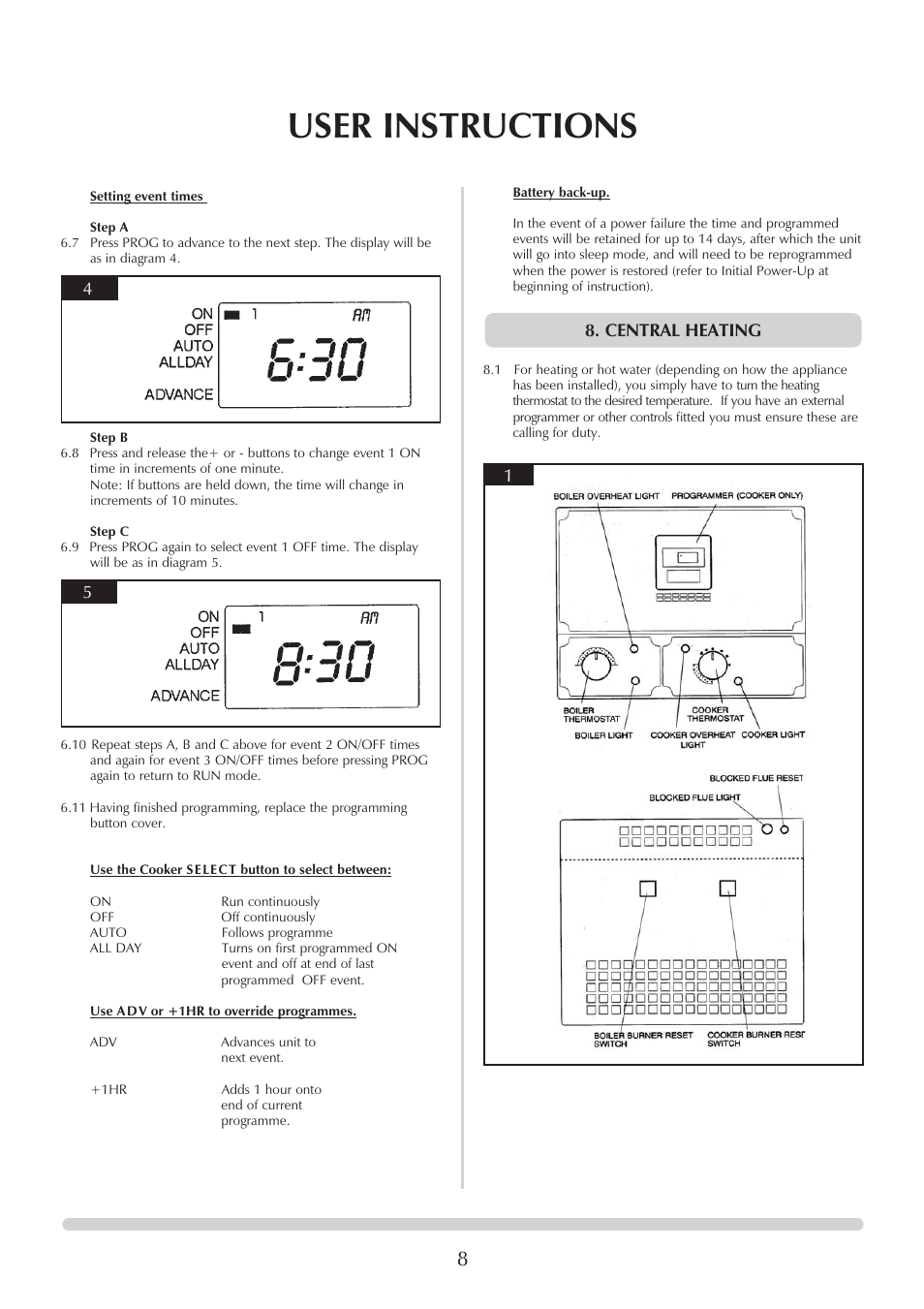 User instructions, 45 8. central heating 1 | Honeywell Central Heating Cooker Natural Gas User Manual | Page 8 / 44