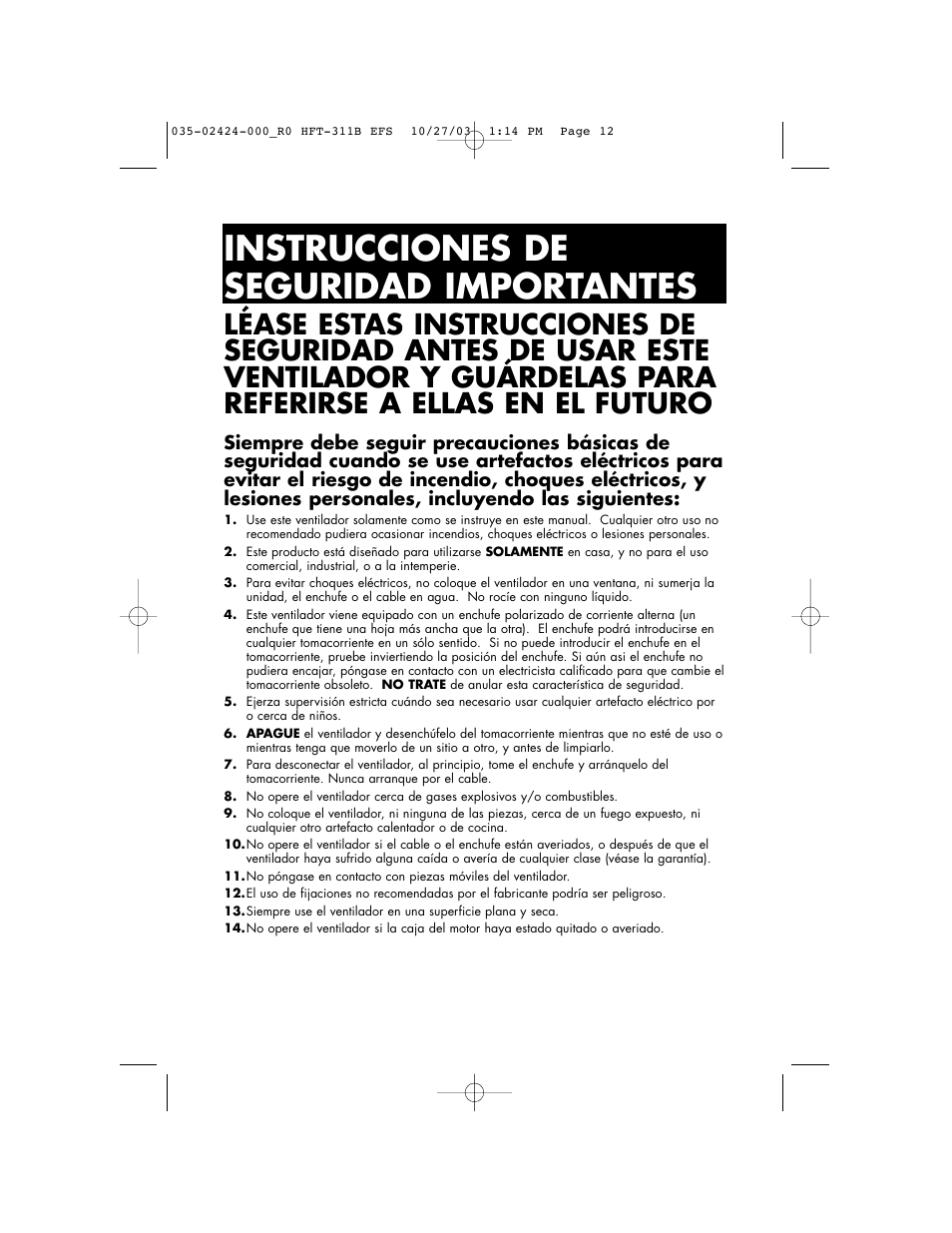 Instrucciones de seguridad importantes | Honeywell HFT-311B User Manual | Page 12 / 15