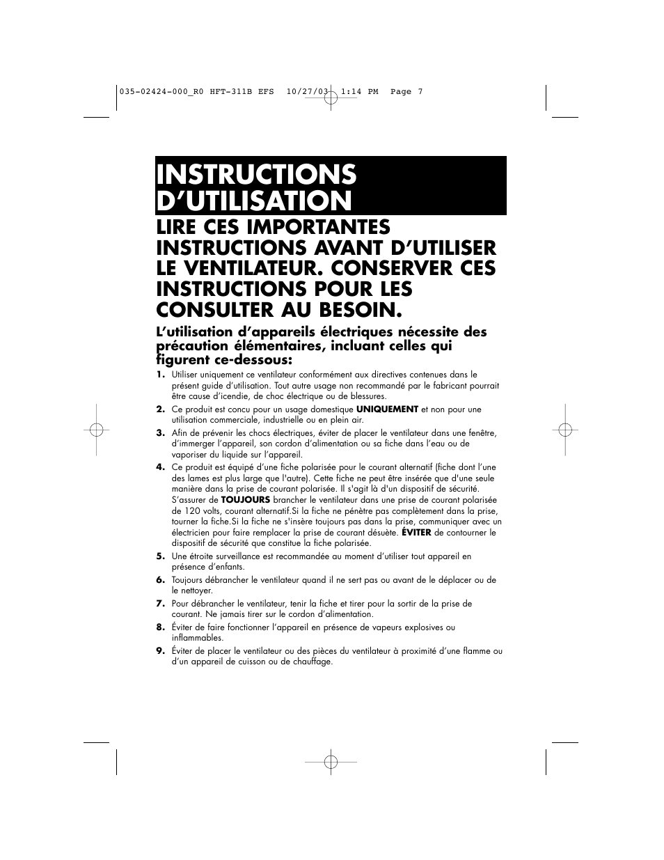 Instructions d’utilisation | Honeywell HFT-311B User Manual | Page 7 / 15