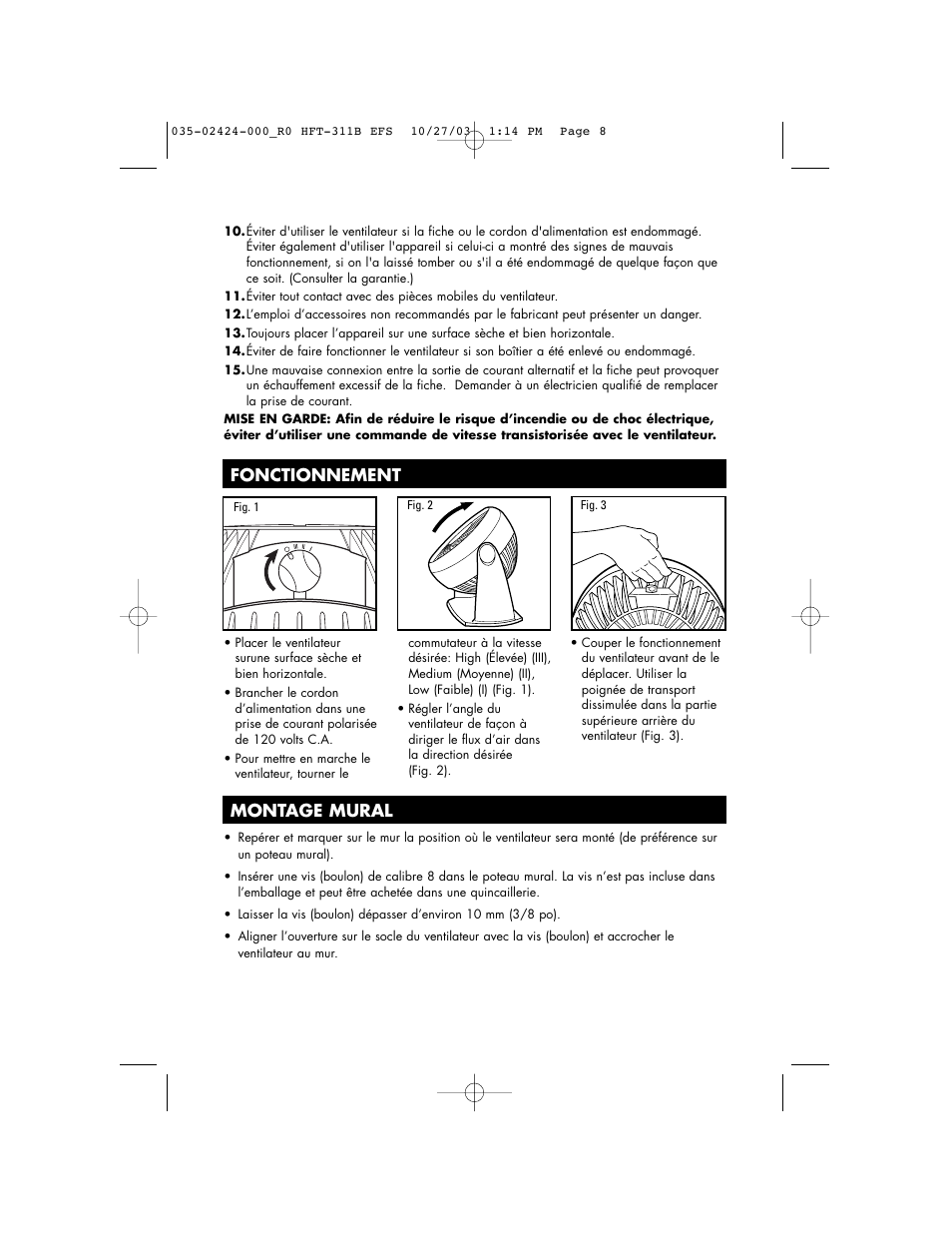 Fonctionnement, Montage mural | Honeywell HFT-311B User Manual | Page 8 / 15