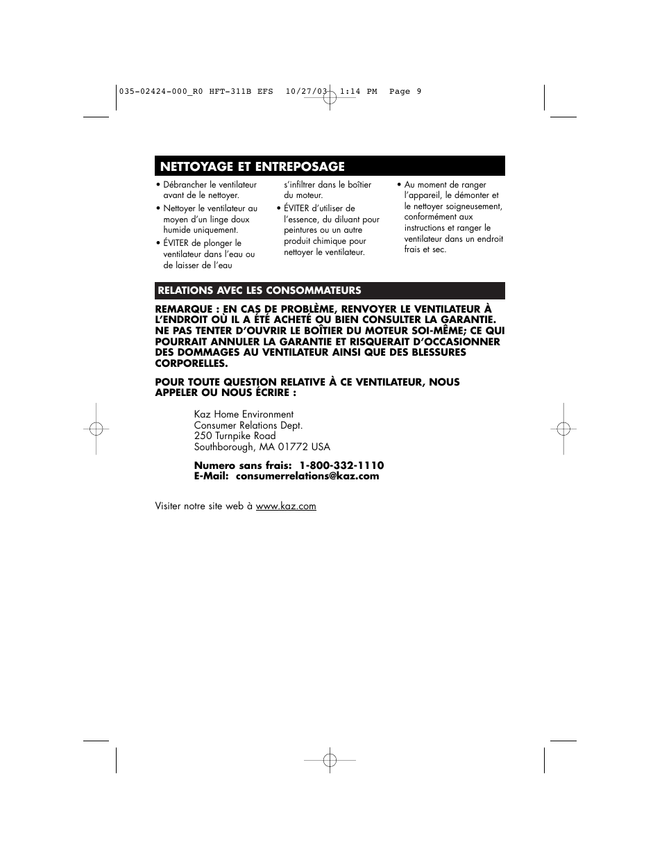 Nettoyage et entreposage | Honeywell HFT-311B User Manual | Page 9 / 15