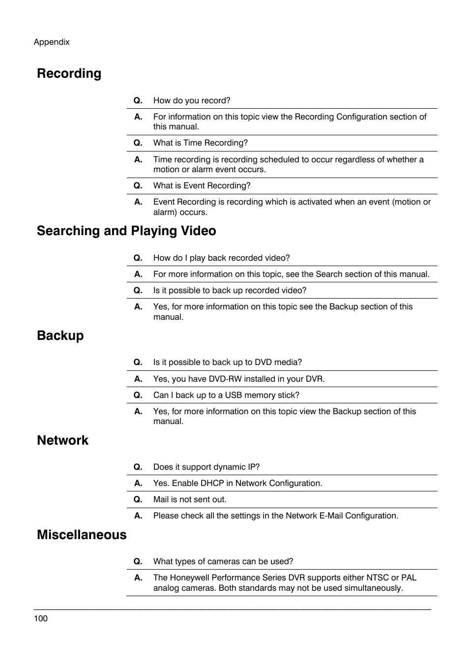 Recording, Searching and playing video, Backup | Network, Miscellaneous | Honeywell HRDPX User Manual | Page 100 / 104