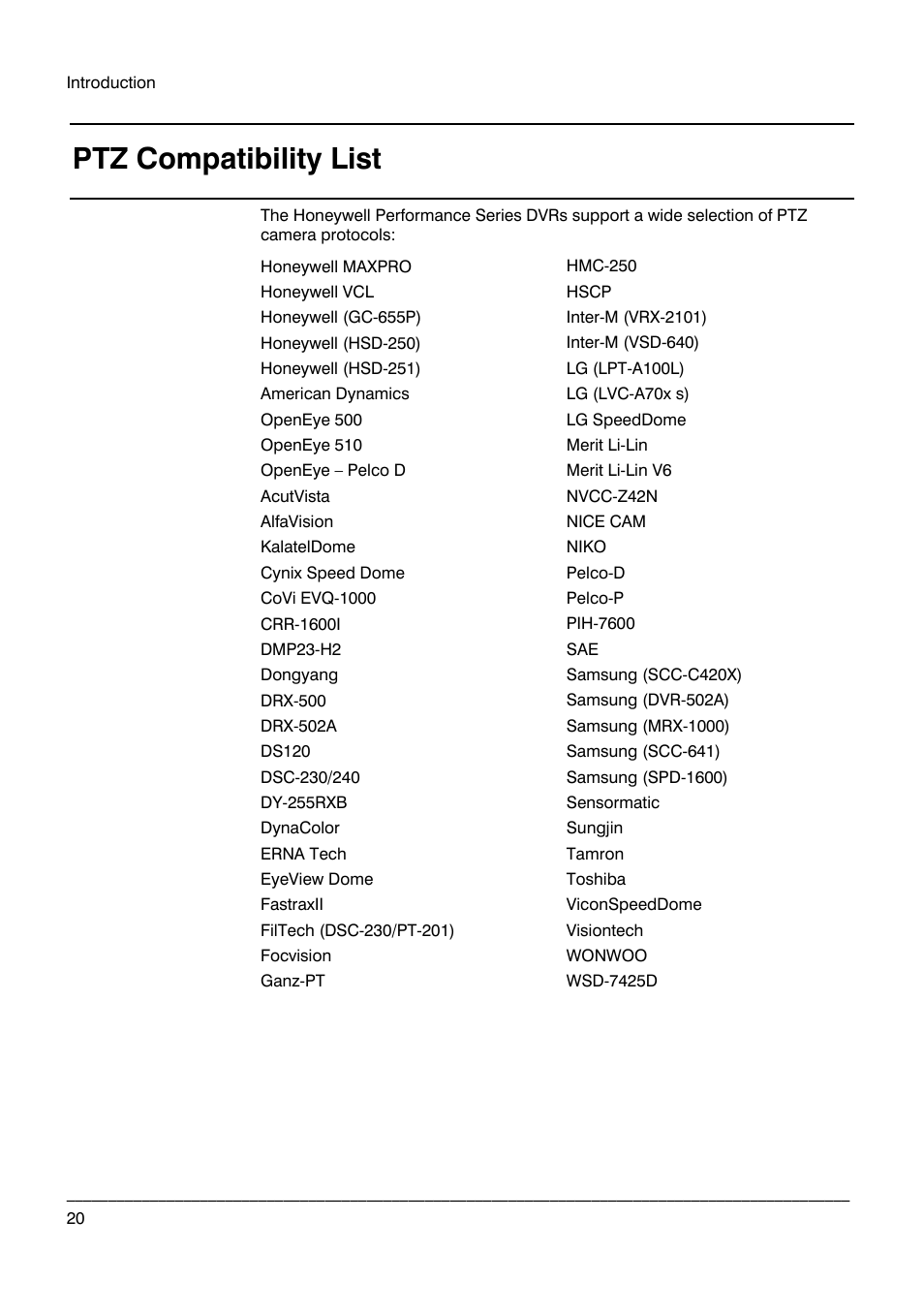 Ptz compatibility list | Honeywell HRDPX User Manual | Page 20 / 104