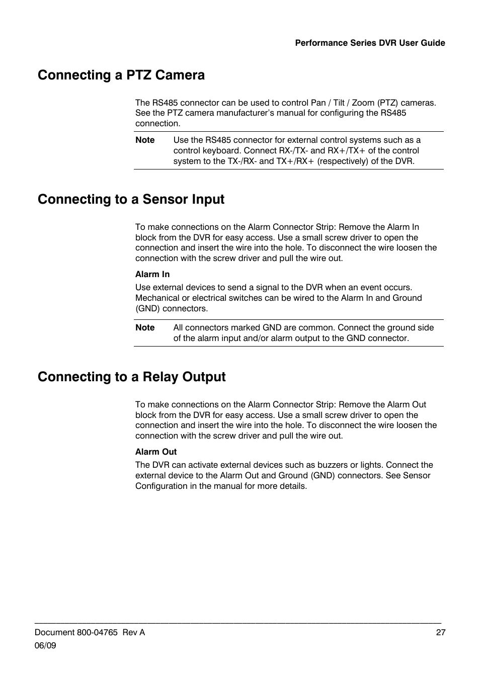 Connecting a ptz camera, Connecting to a sensor input, Connecting to a relay output | Honeywell HRDPX User Manual | Page 27 / 104