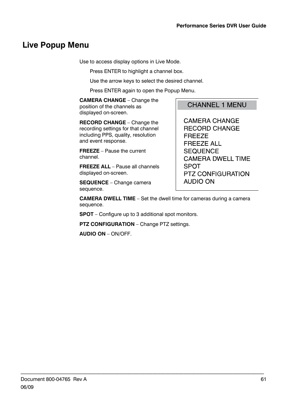 Live popup menu | Honeywell HRDPX User Manual | Page 61 / 104