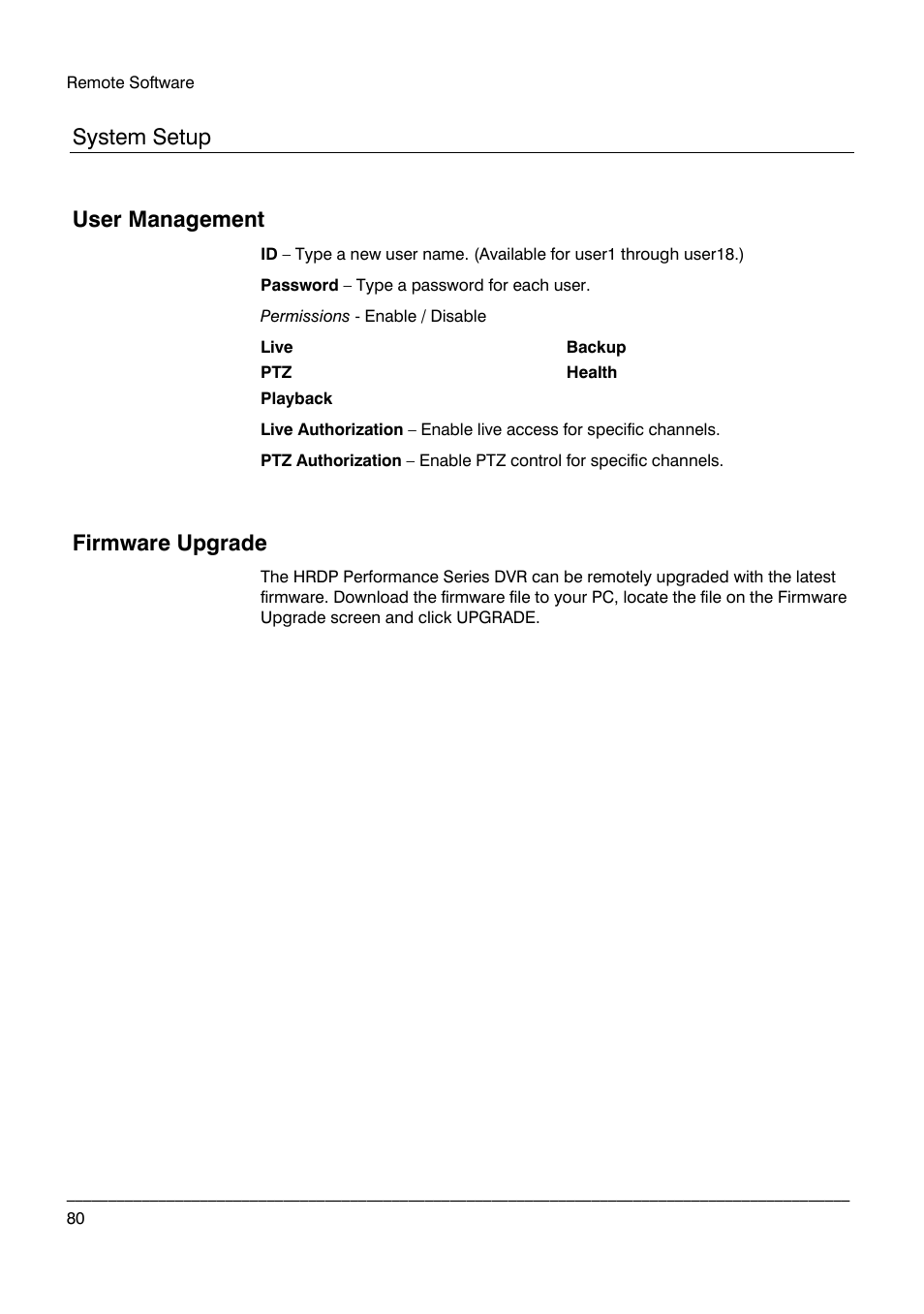 System setup, User management, Firmware upgrade | Honeywell HRDPX User Manual | Page 80 / 104