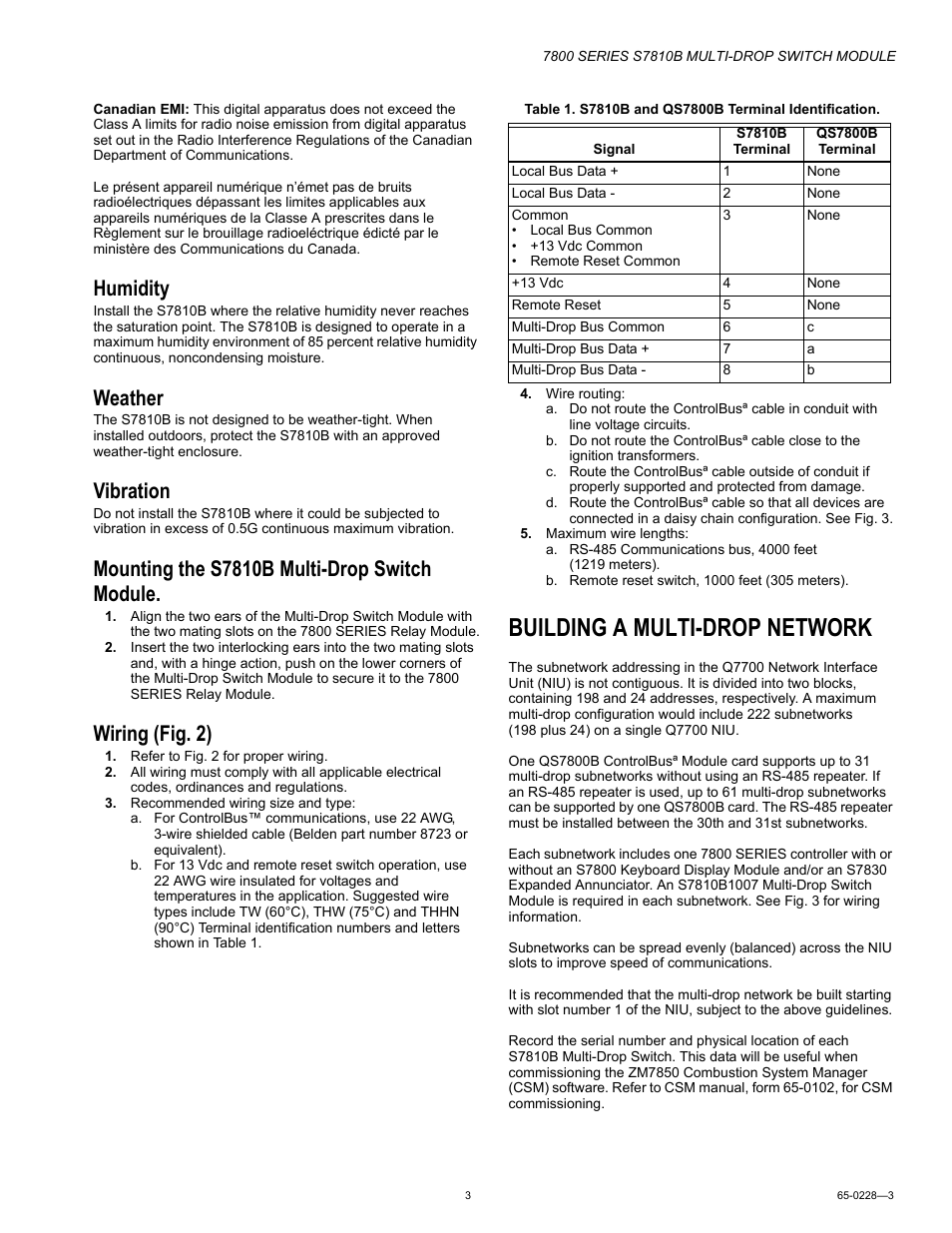 Humidity, Weather, Vibration | Mounting the s7810b multi-drop switch module, Wiring (fig. 2), Building a multi-drop network | Honeywell 7800 User Manual | Page 3 / 8