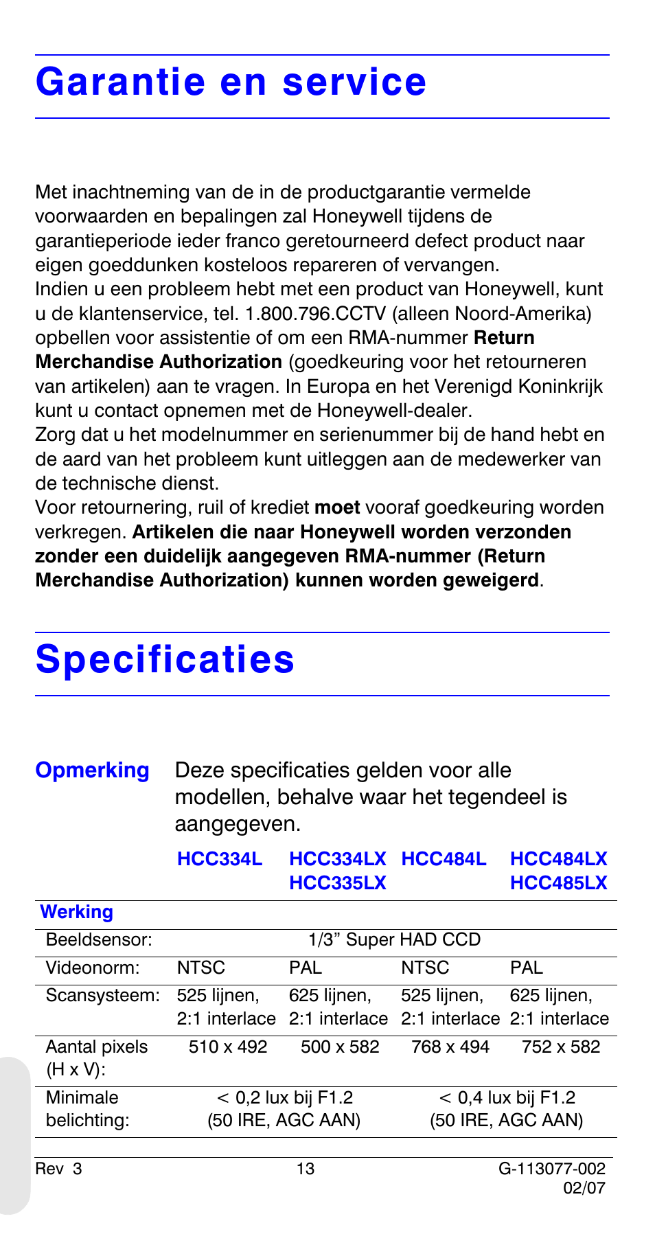 Garantie en service, Specificaties | Honeywell HCC334L User Manual | Page 118 / 120