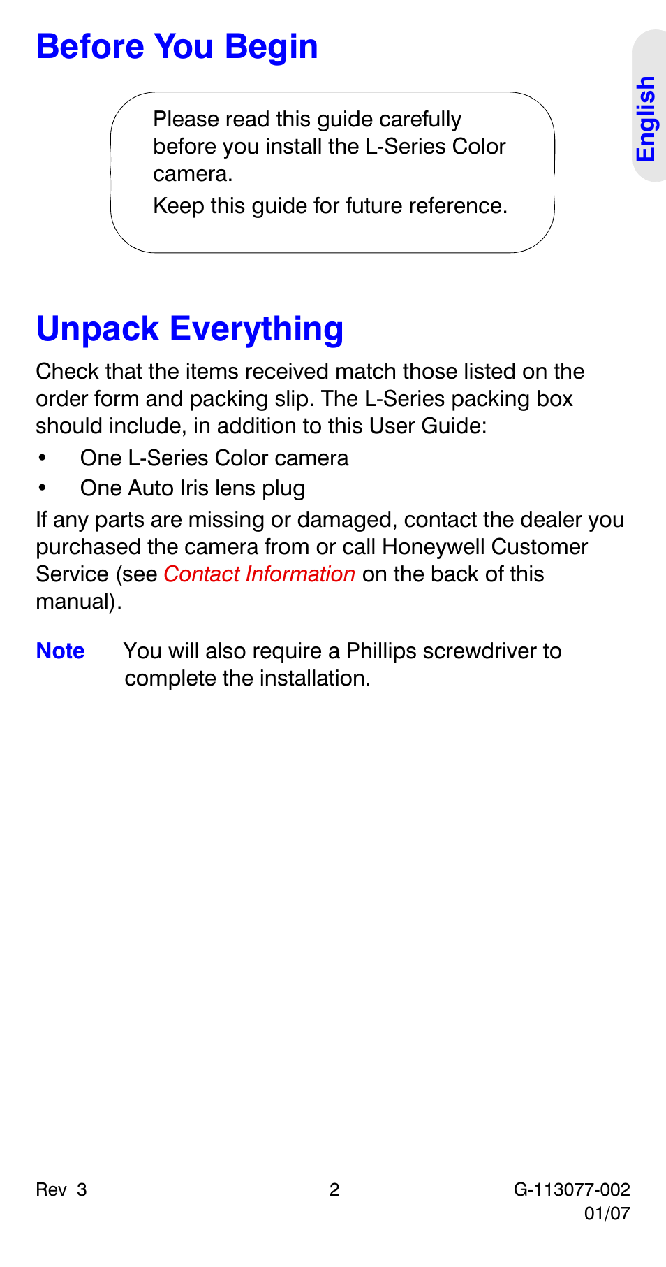 Before you begin, Unpack everything, Before you begin unpack everything | Honeywell HCC334L User Manual | Page 7 / 120