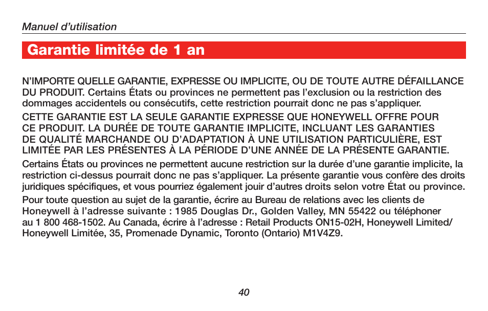 À propos du thermostat garantie limitée de 1 an | Honeywell RTH4300B User Manual | Page 42 / 64
