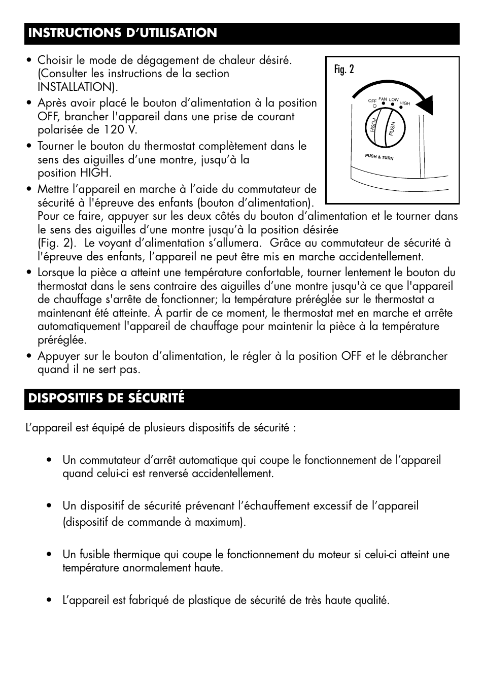 Instructions d’utilisation, Dispositifs de sécurité | Honeywell HZ-2204 User Manual | Page 11 / 21