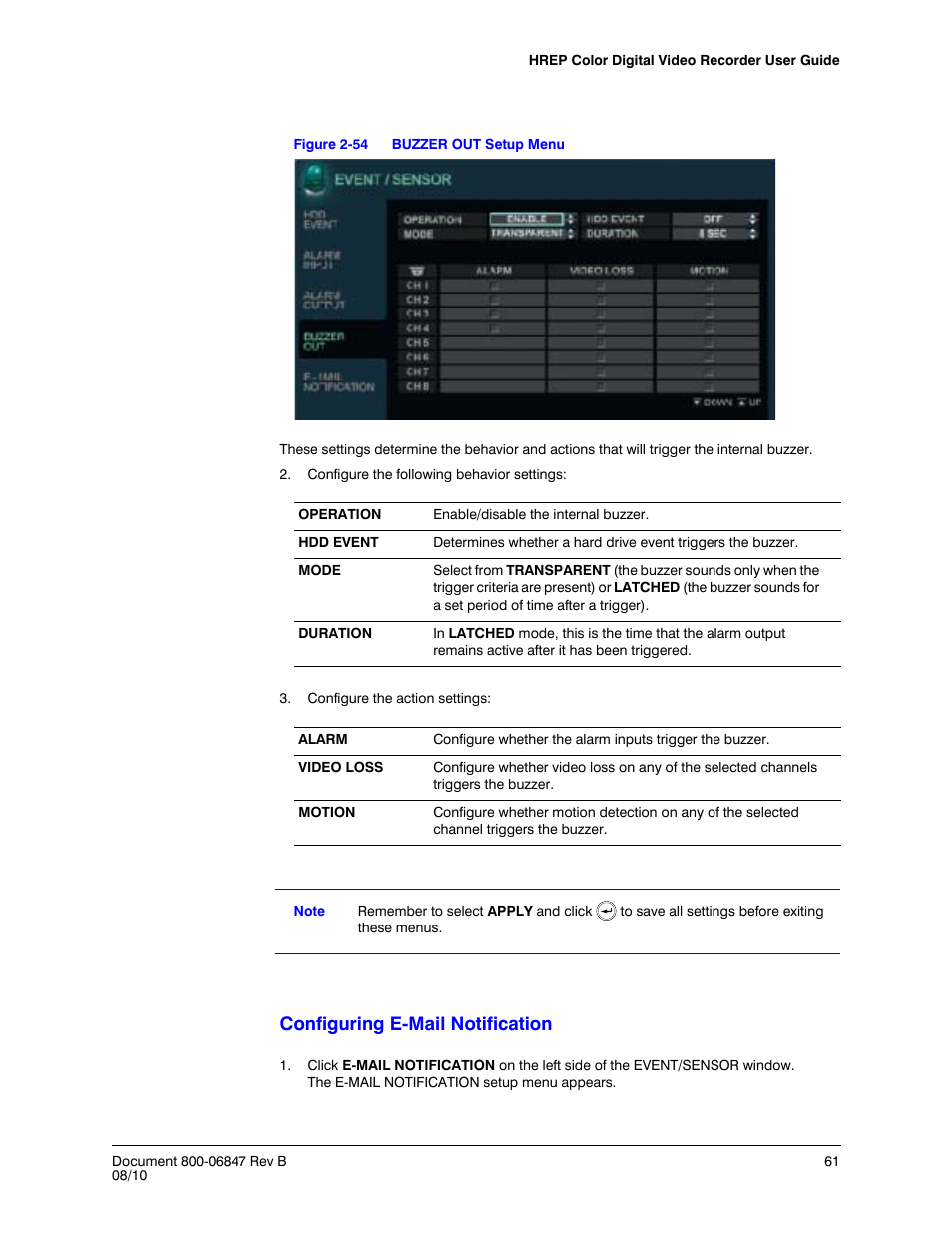 Figure 2-54, Buzzer out setup menu, Configuring e-mail notification | Honeywell HREP4 User Manual | Page 61 / 104