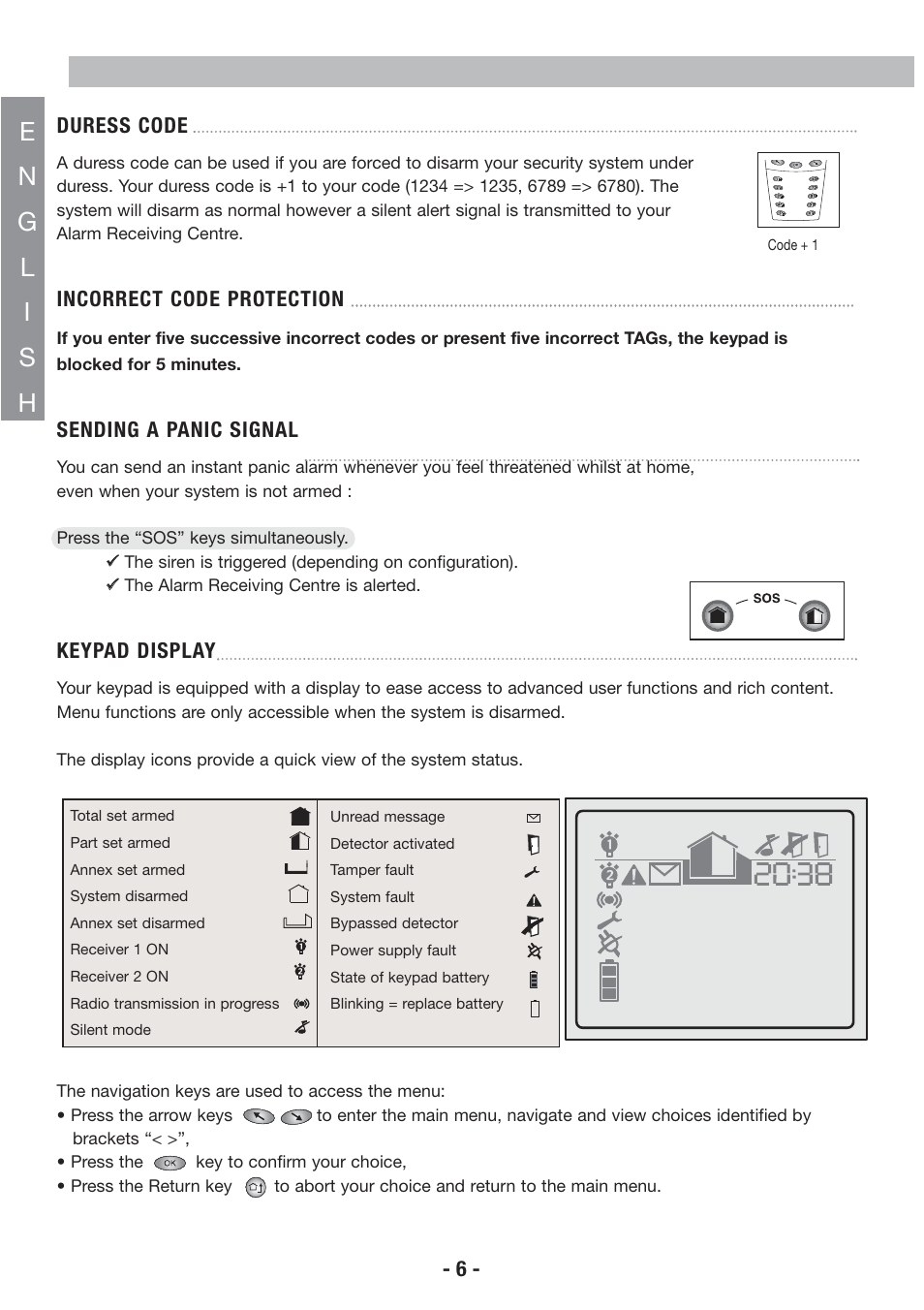 6 - duress code, Incorrect code protection, Sending a panic signal | Keypad display | Honeywell EKZ008200B User Manual | Page 7 / 97