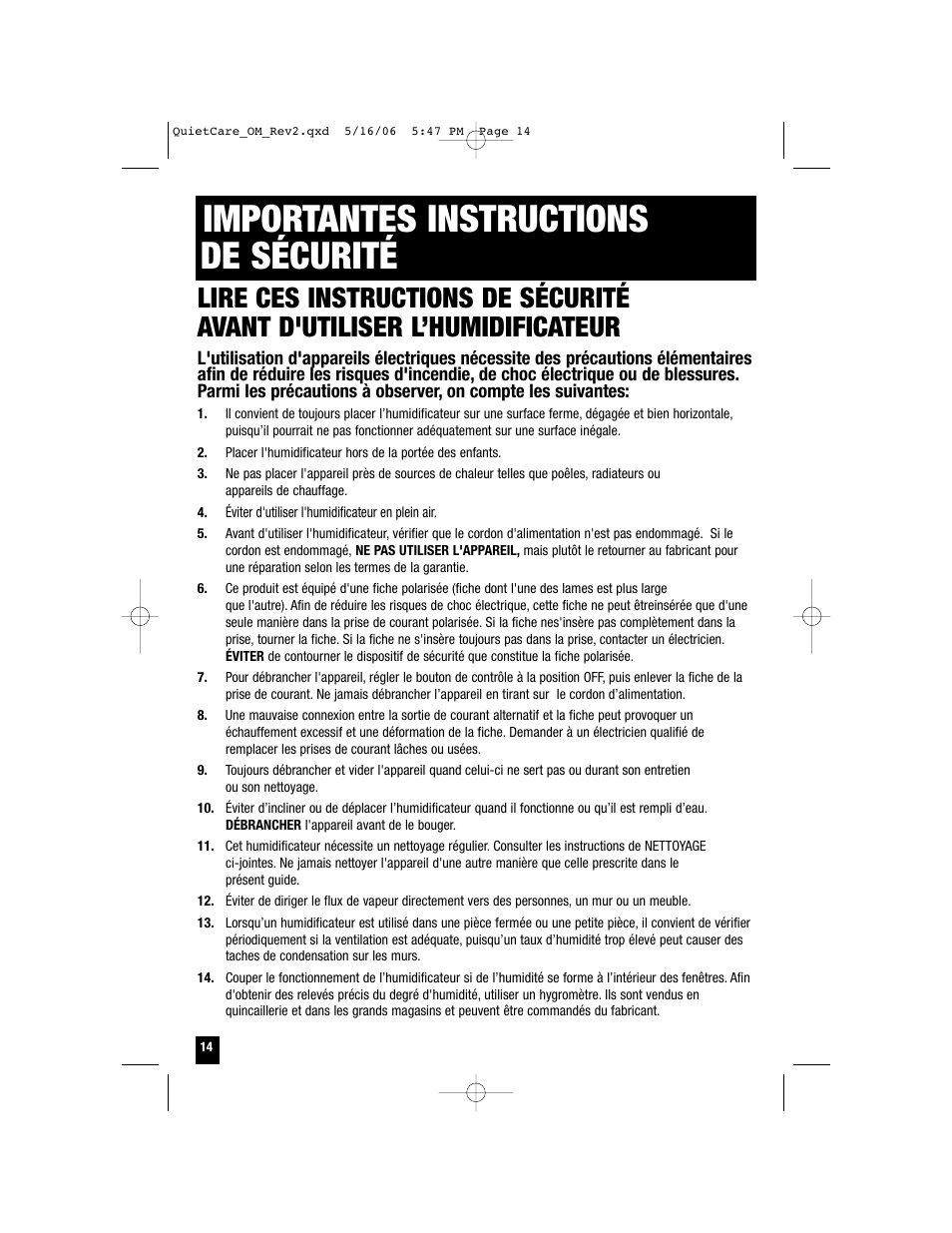 Importantes instructions de sécurité | Honeywell HCM-635 User Manual | Page 14 / 36