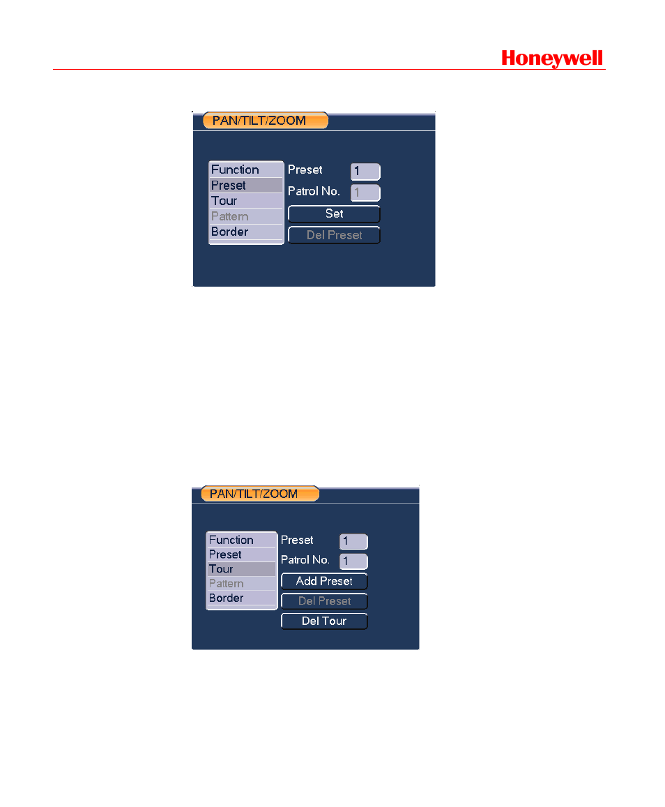 Activate preset, Patrol setup (tour setup), Honeywell | Honeywell HD-DVR-1016 User Manual | Page 73 / 182