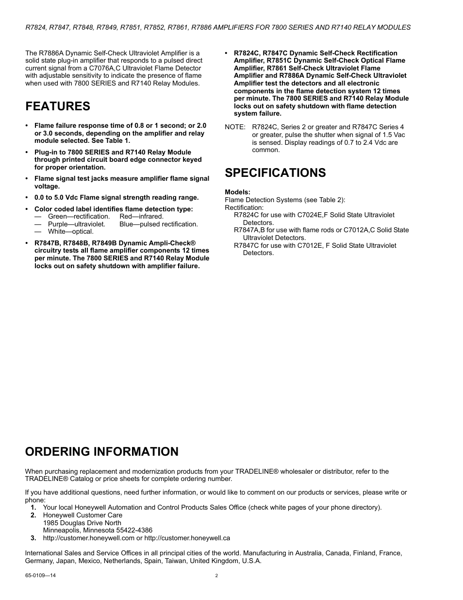Features, Specifications, Ordering information | Honeywell R7824 User Manual | Page 2 / 8