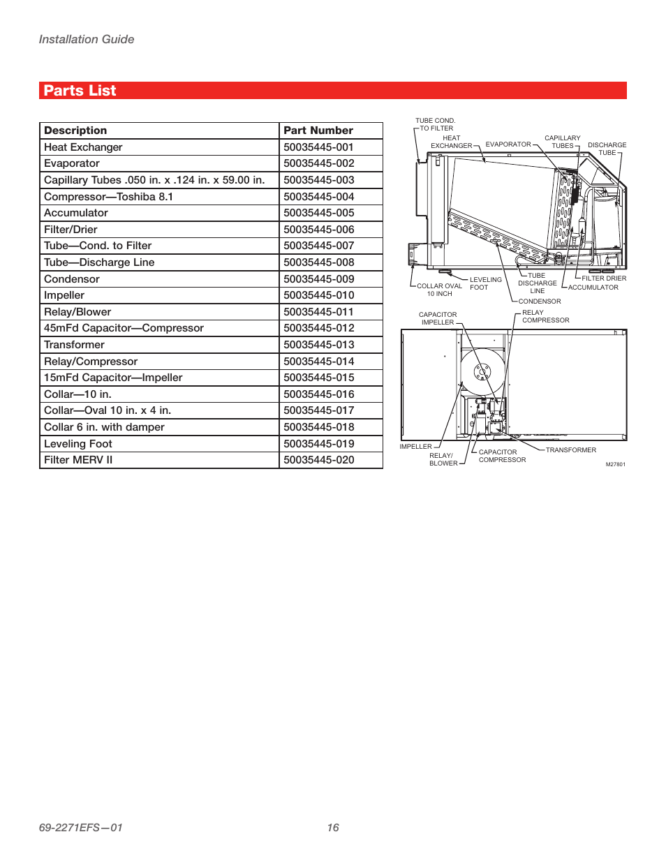 Parts list, Installation guide | Honeywell TRUEDRY DH150 User Manual | Page 18 / 60