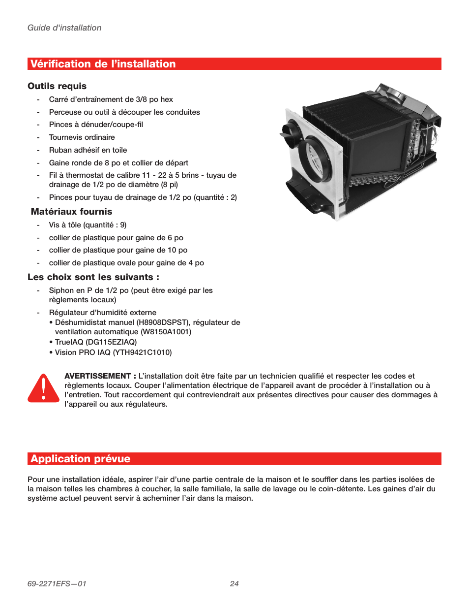 Vérification de l’installation, Application prévue | Honeywell TRUEDRY DH150 User Manual | Page 26 / 60