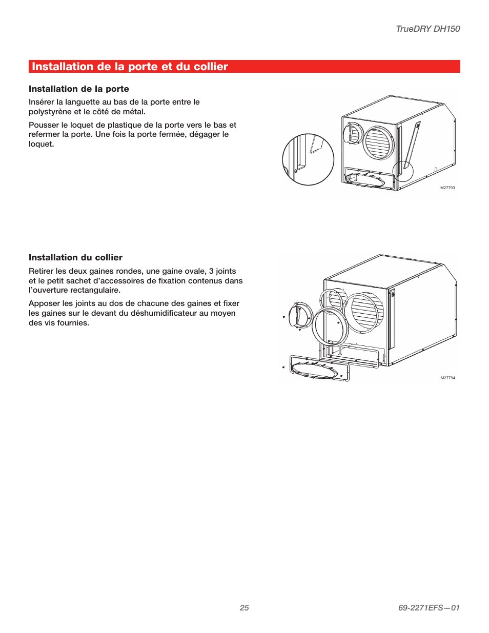 Installation de la porte et du collier | Honeywell TRUEDRY DH150 User Manual | Page 27 / 60
