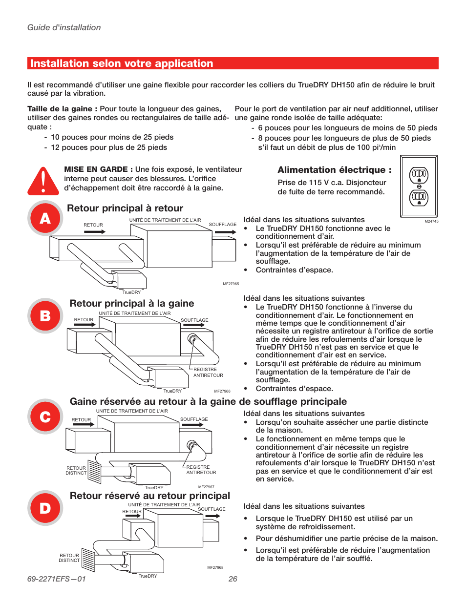 Installation selon votre application, Retour principal à la gaine, Retour réservé au retour principal | Retour principal à retour, Alimentation électrique | Honeywell TRUEDRY DH150 User Manual | Page 28 / 60