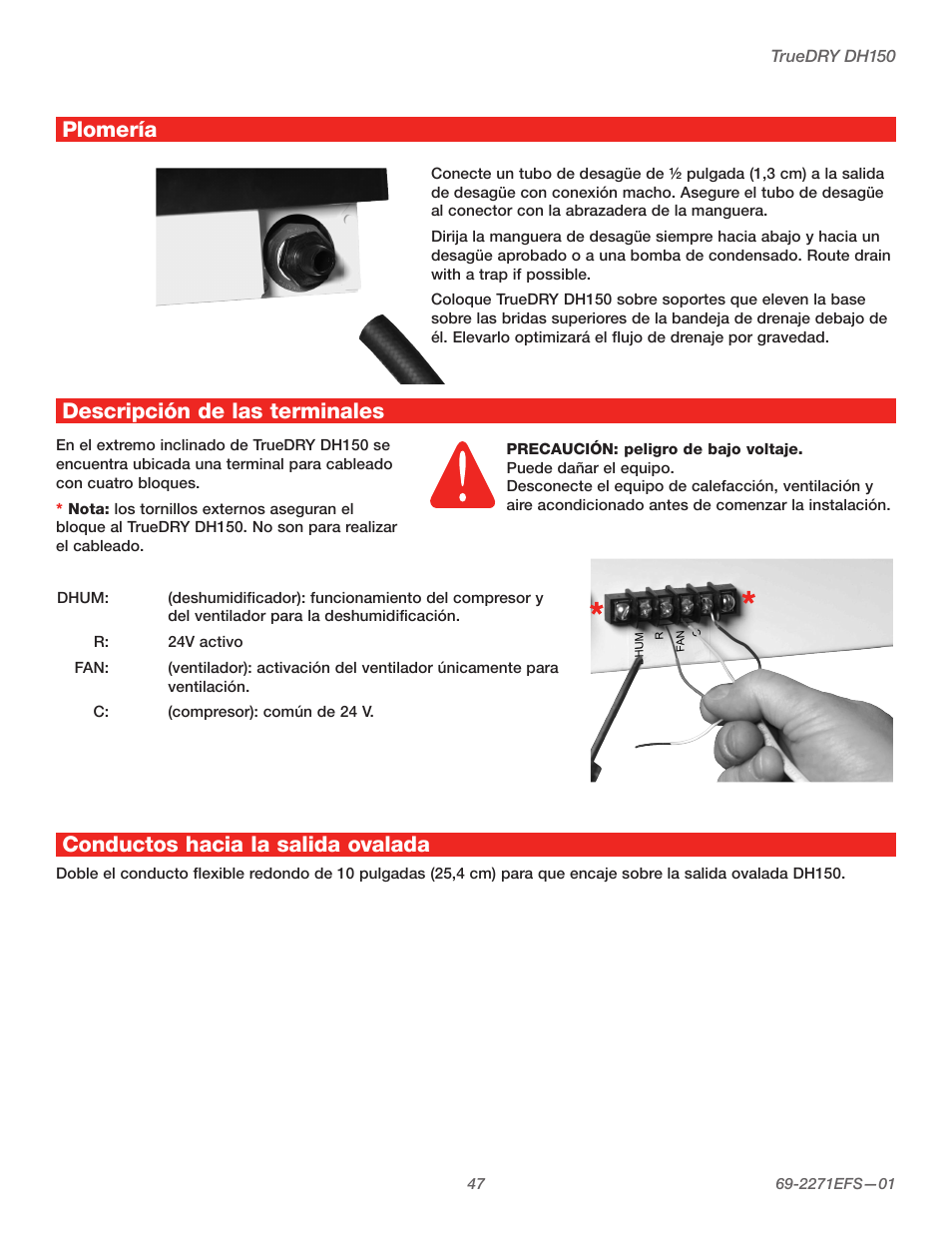 Plomería descripción de las terminales, Conductos hacia la salida ovalada | Honeywell TRUEDRY DH150 User Manual | Page 49 / 60