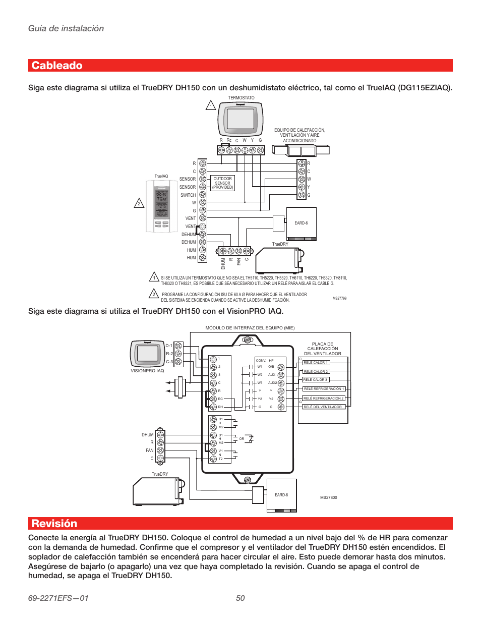 Cableado, Revisión, Guía de instalación | Honeywell TRUEDRY DH150 User Manual | Page 52 / 60