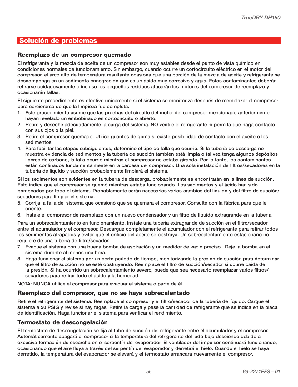 Solución de problemas | Honeywell TRUEDRY DH150 User Manual | Page 57 / 60