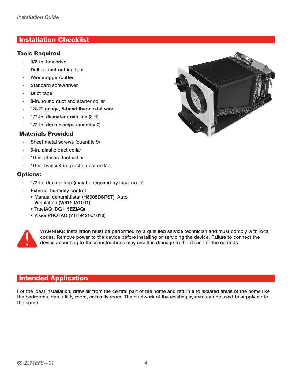 Installation checklist, Intended application | Honeywell TRUEDRY DH150 User Manual | Page 6 / 60