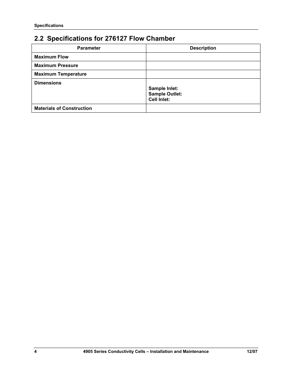 2 specifications for 276127 flow chamber, Specifications for 276127 flow chamber | Honeywell 4905 Style Conductivity Cells 70-82-25-18 User Manual | Page 10 / 26