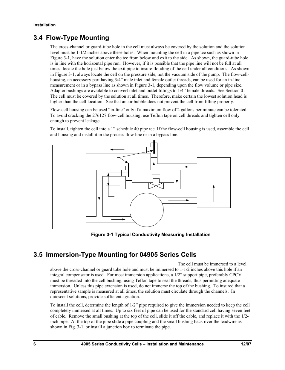 4 flow-type mounting, 5 immersion-type mounting for 04905 series cells, Flow-type mounting | Immersion-type mounting for 04905 series cells | Honeywell 4905 Style Conductivity Cells 70-82-25-18 User Manual | Page 12 / 26