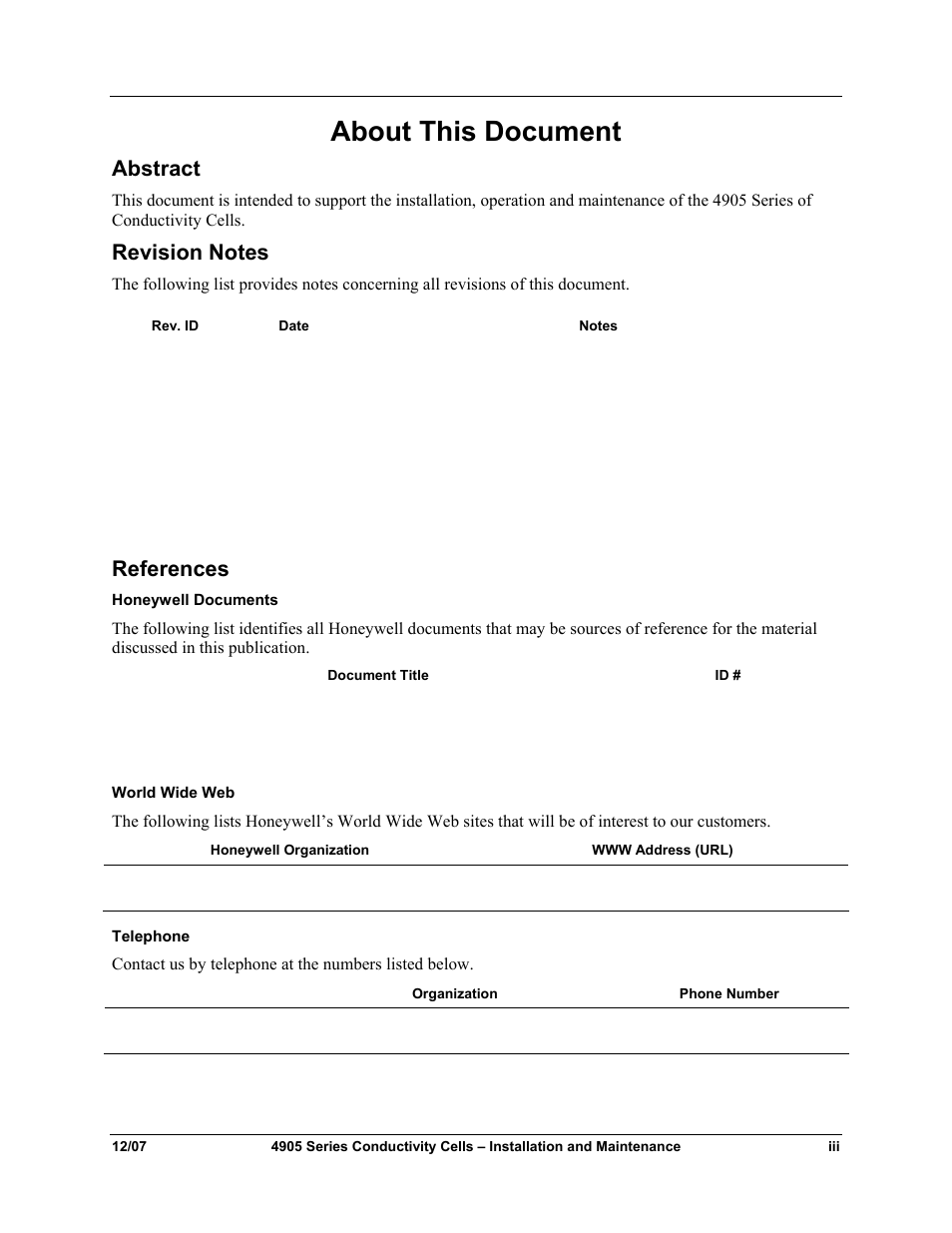 About this document, Abstract, Revision notes | References, World wide web, Telephone | Honeywell 4905 Style Conductivity Cells 70-82-25-18 User Manual | Page 3 / 26