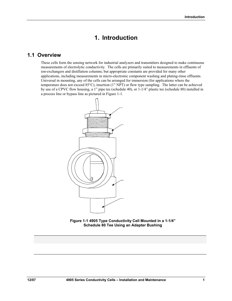 Introduction, 1 overview, Overview | Bushing | Honeywell 4905 Style Conductivity Cells 70-82-25-18 User Manual | Page 7 / 26