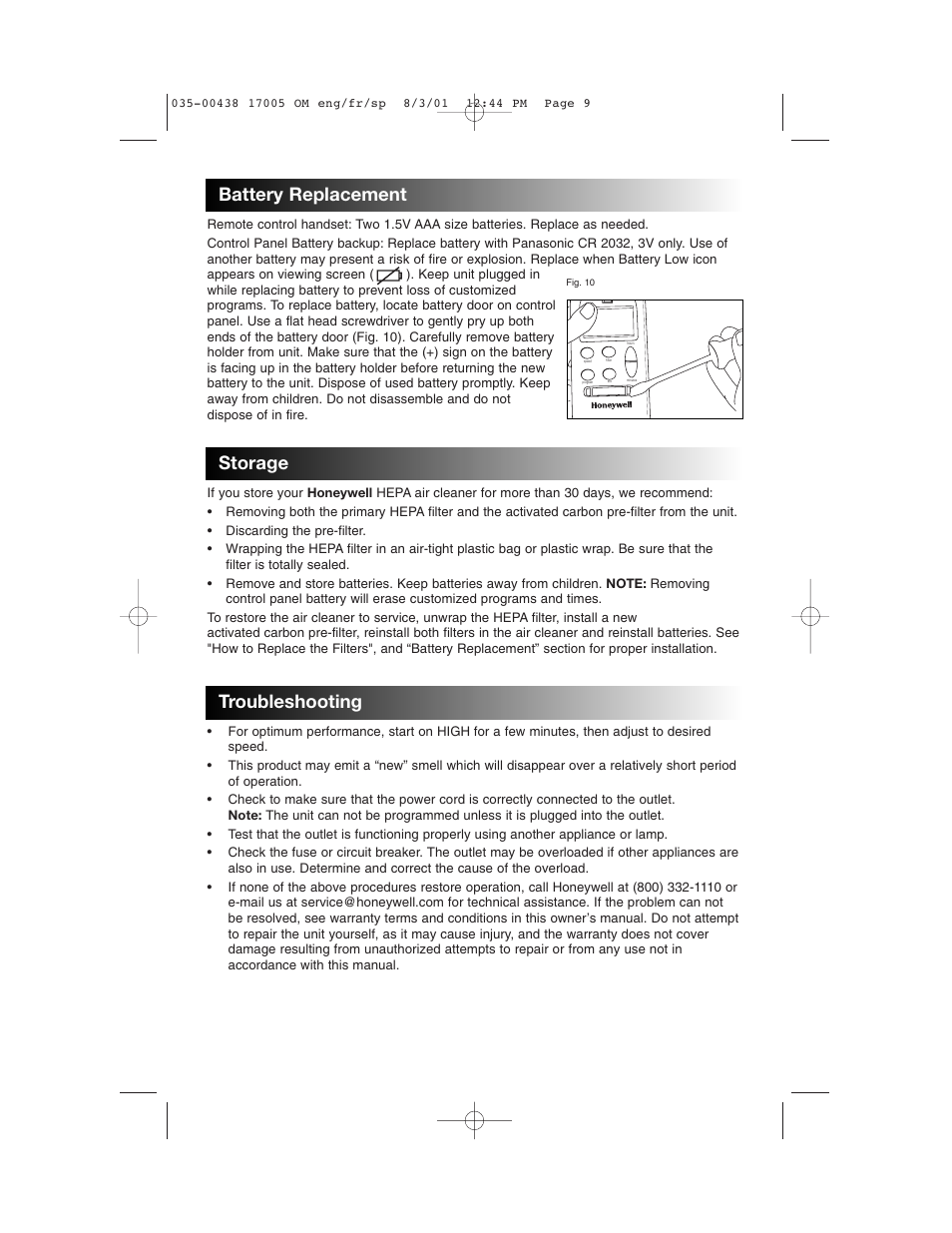 Battery replacement, Storage, Troubleshooting | Honeywell 17005 User Manual | Page 10 / 32