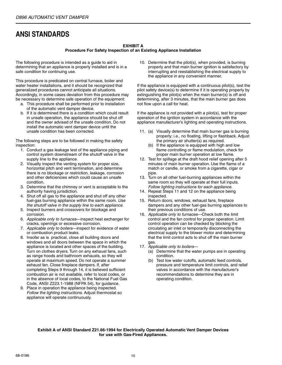 Ansi standards | Honeywell AUTOMATIC VENT DAMPER D896 User Manual | Page 10 / 12