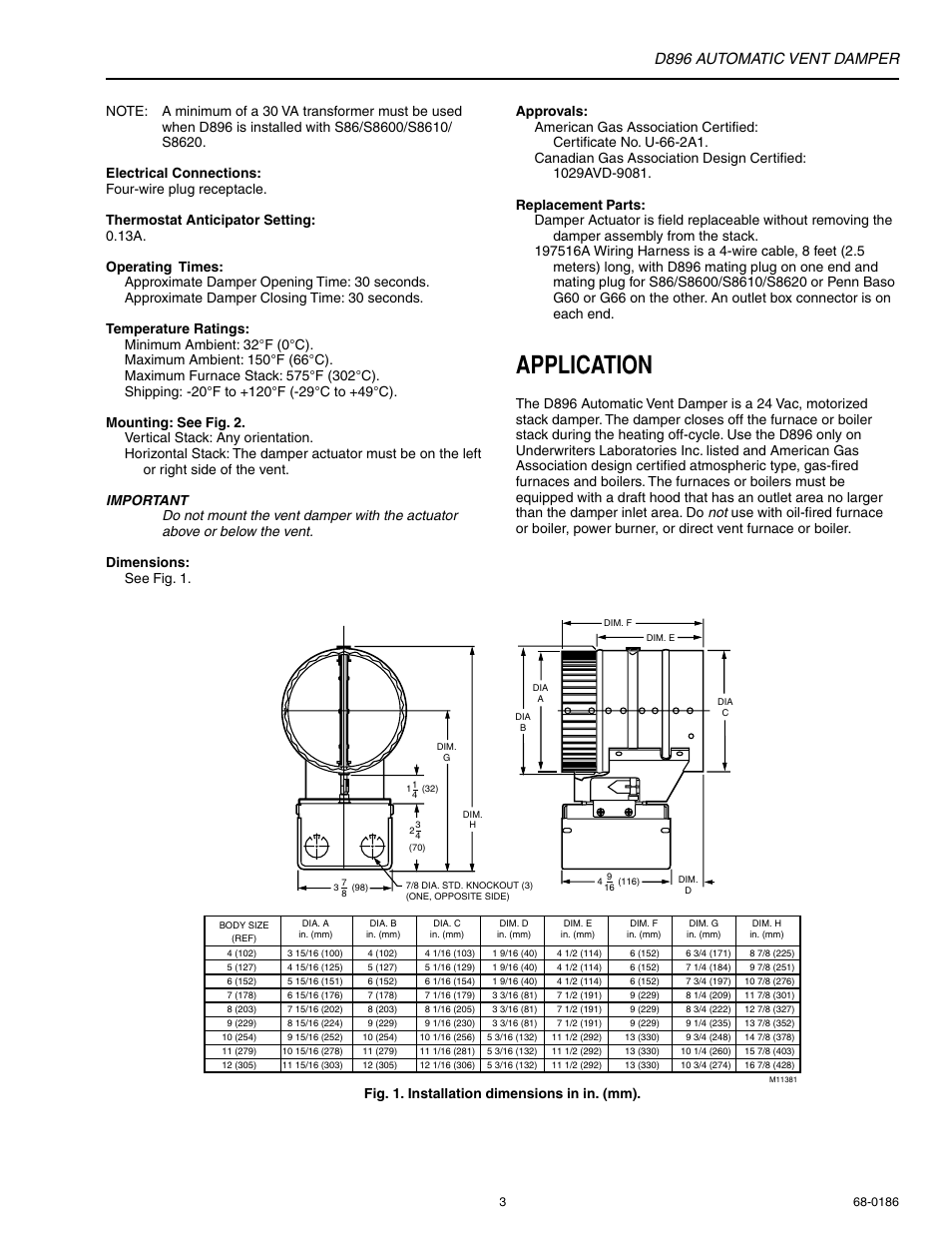 Application, D896 automatic vent damper | Honeywell AUTOMATIC VENT DAMPER D896 User Manual | Page 3 / 12