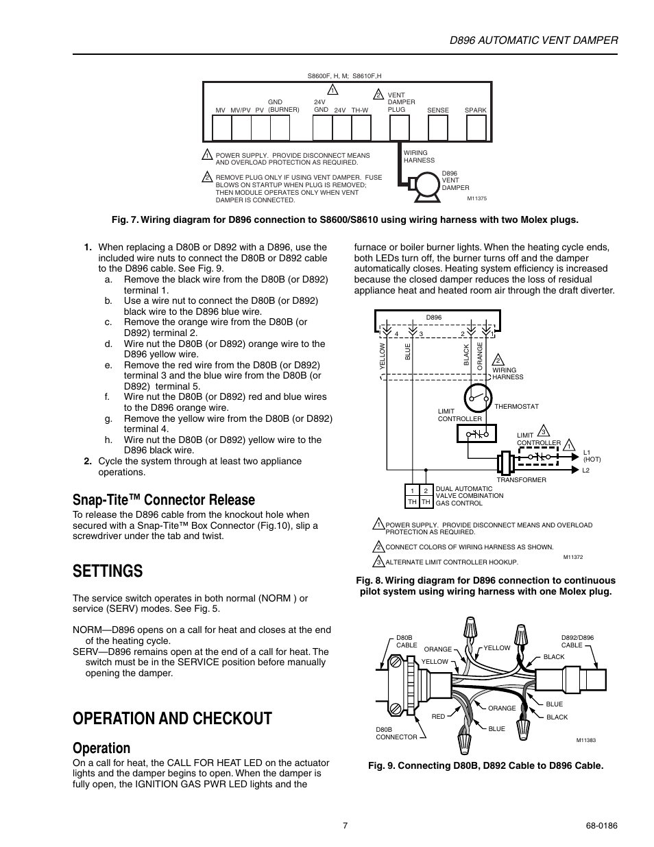 Settings, Operation and checkout, Snap-tite™ connector release | Operation, D896 automatic vent damper | Honeywell AUTOMATIC VENT DAMPER D896 User Manual | Page 7 / 12