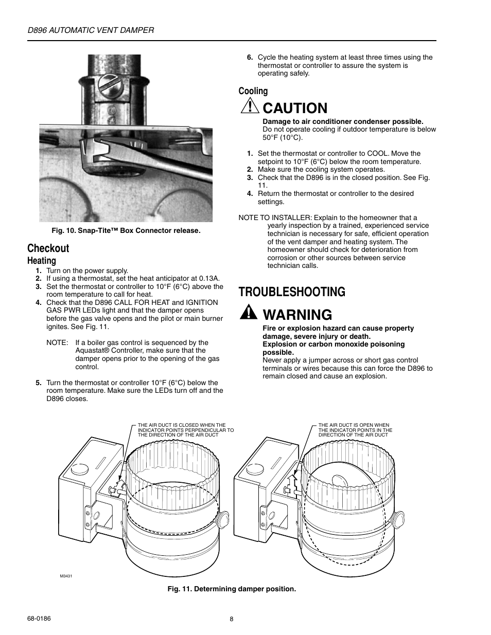 Troubleshooting, Caution, Warning | Checkout | Honeywell AUTOMATIC VENT DAMPER D896 User Manual | Page 8 / 12