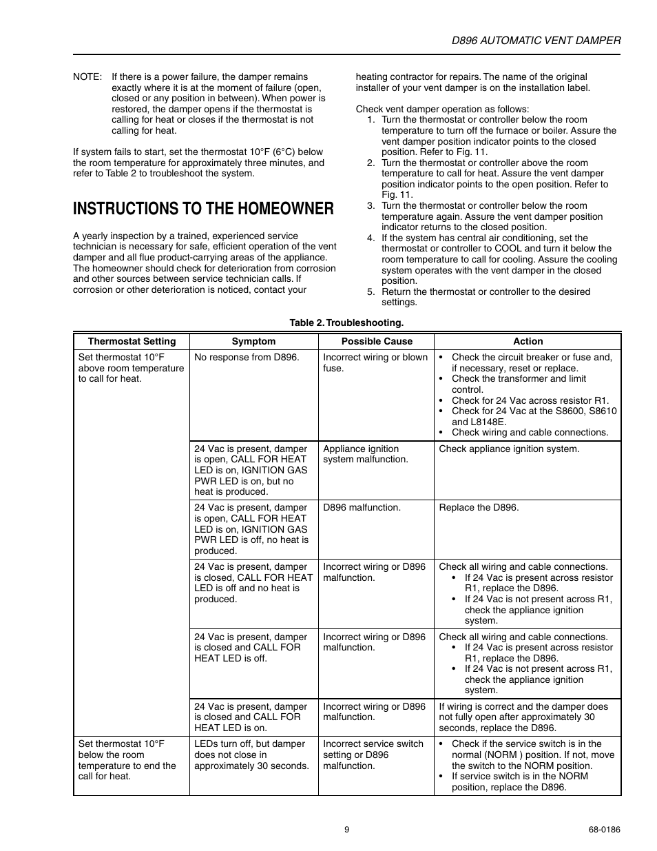 Instructions to the homeowner, Ansi standards | Honeywell AUTOMATIC VENT DAMPER D896 User Manual | Page 9 / 12