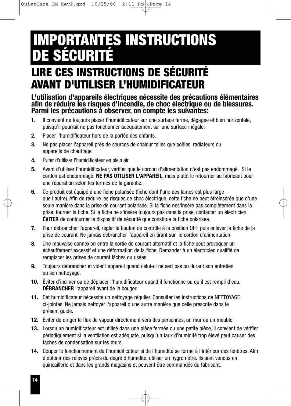 Importantes instructions de sécurité | Honeywell HCM-630 Series User Manual | Page 14 / 36