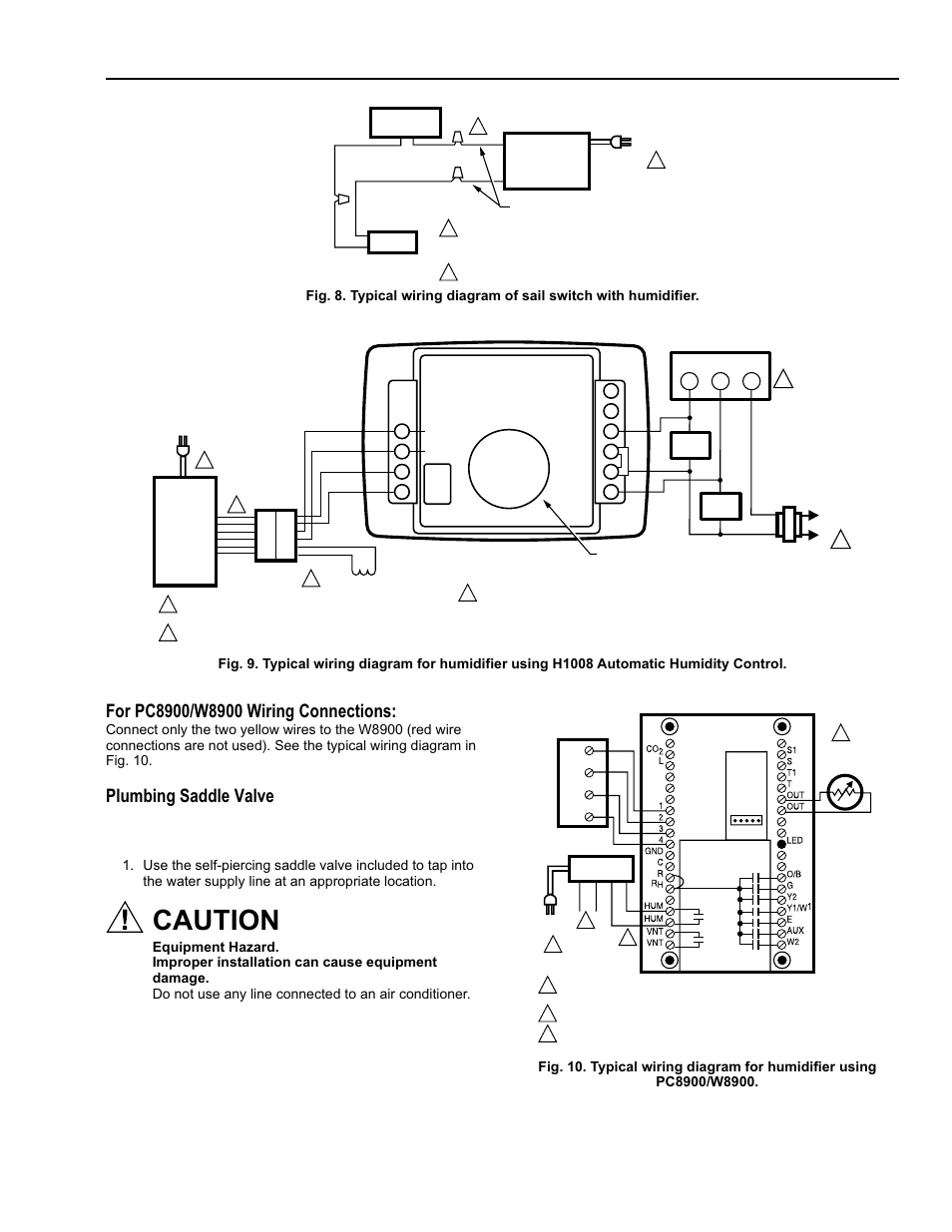 Caution, Plumbing saddle valve, He365a,b powered flow-through humidifier | Honeywell ENVIRACAIRE HE365B User Manual | Page 5 / 12