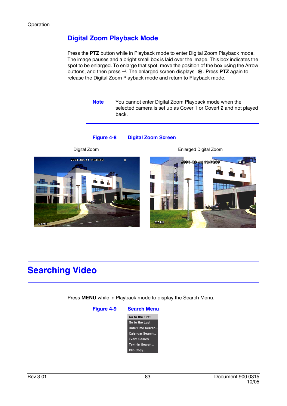 Searching video, Figure 4-8, Digital zoom screen | Figure 4-9, Search menu, Digital zoom playback mode | Honeywell HRHD 410 User Manual | Page 101 / 126