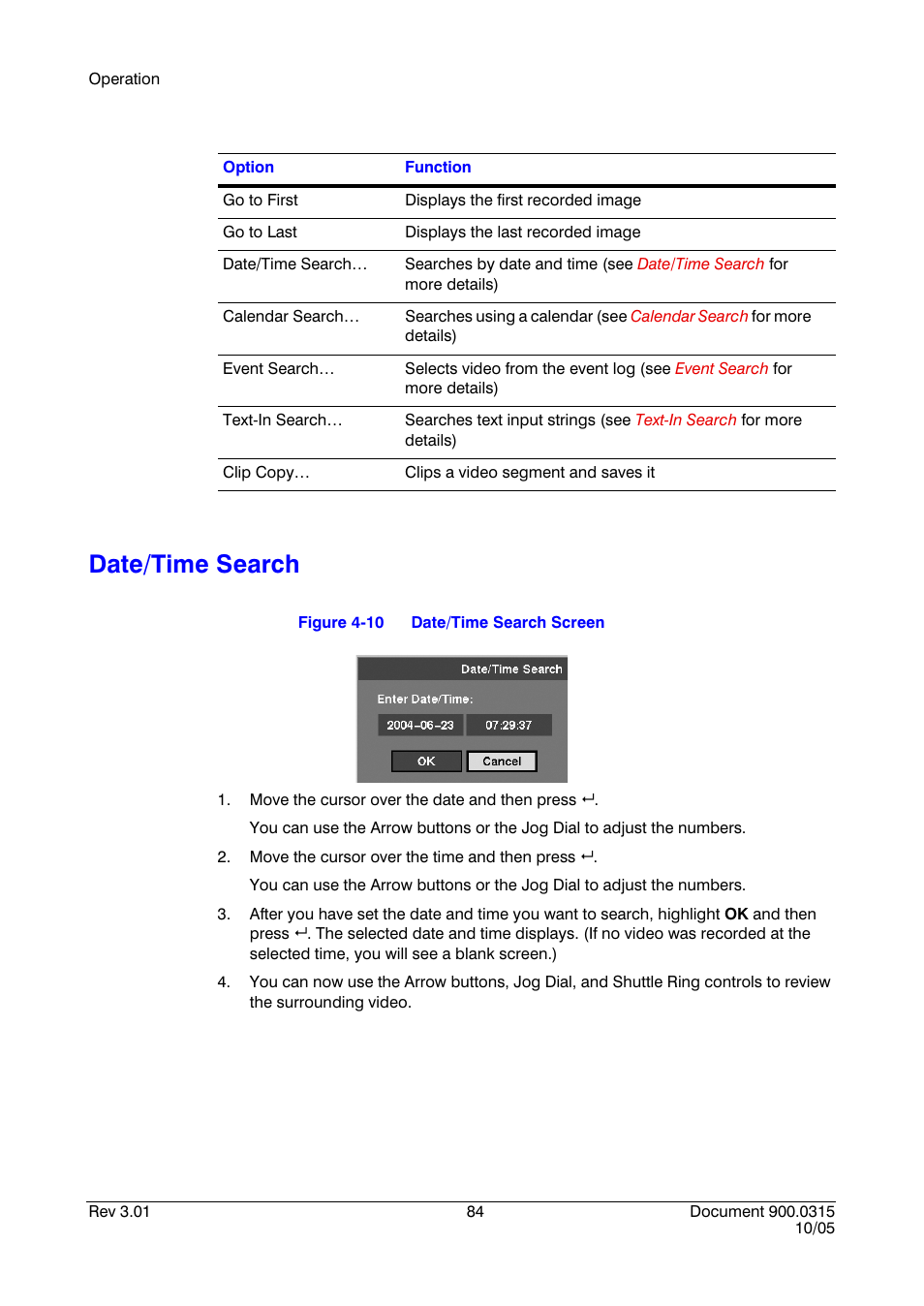 Date/time search, Figure 4-10, Date/time search screen | Honeywell HRHD 410 User Manual | Page 102 / 126