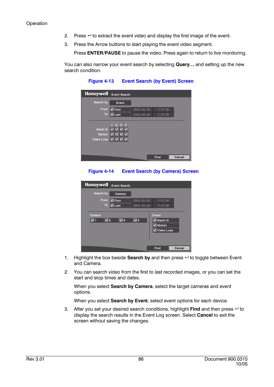 Figure 4-13, Event search (by event) screen, Figure 4-14 | Event search (by camera) screen | Honeywell HRHD 410 User Manual | Page 104 / 126