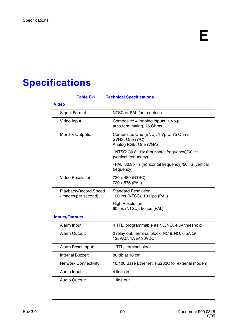 Specifications e, Appendix e, Specifications | Table e-1, Technical specifications, Appendix e, specifications | Honeywell HRHD 410 User Manual | Page 117 / 126