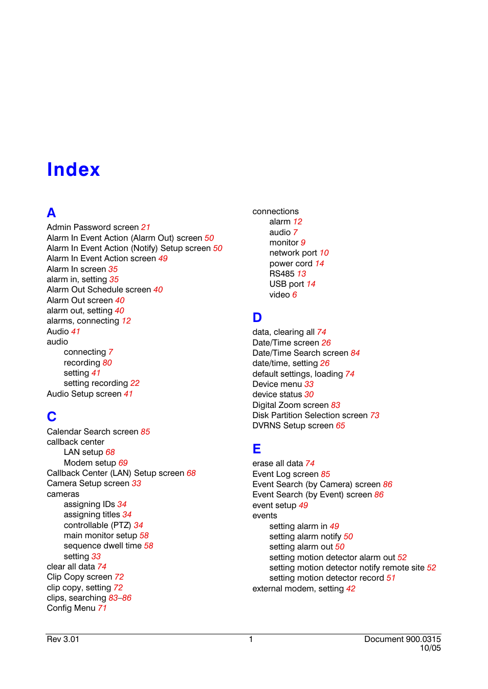 Index | Honeywell HRHD 410 User Manual | Page 121 / 126