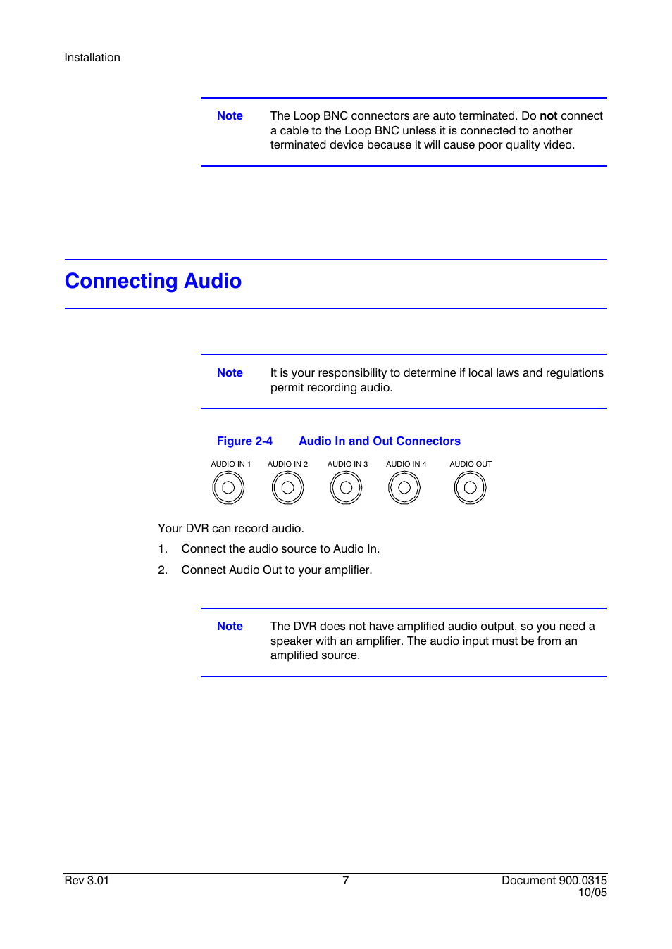 Connecting audio, Figure 2-4, Audio in and out connectors | Honeywell HRHD 410 User Manual | Page 25 / 126