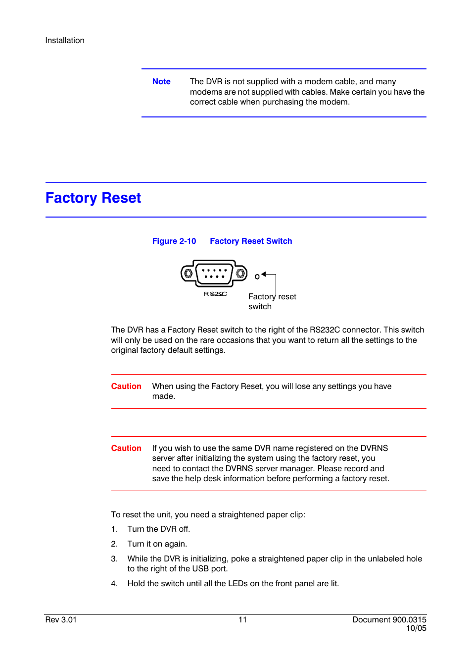 Factory reset, Figure 2-10, Factory reset switch | Honeywell HRHD 410 User Manual | Page 29 / 126