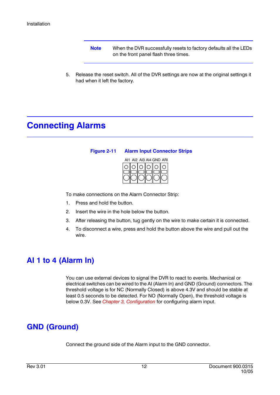 Connecting alarms, Ai 1 to 4 (alarm in), Gnd (ground) | Ai 1 to 4 (alarm in) gnd (ground), Figure 2-11, Alarm input connector strips | Honeywell HRHD 410 User Manual | Page 30 / 126
